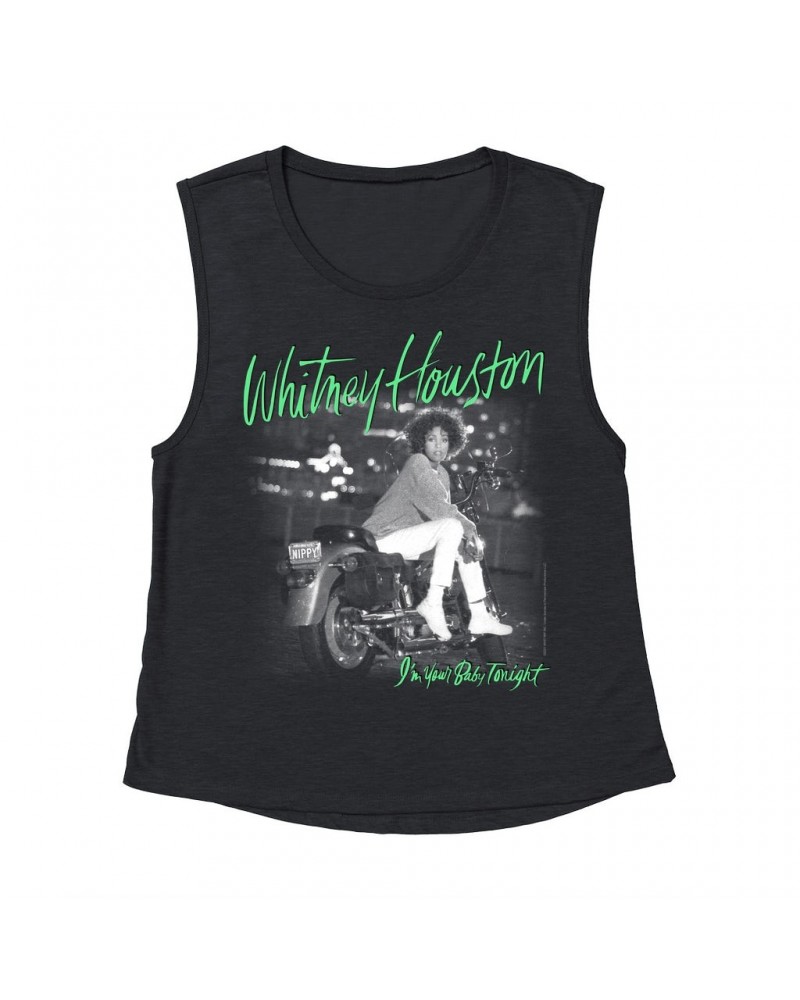 Whitney Houston Ladies' Muscle Tank Top | I'm Your Baby Tonight Album Cover Green Design Shirt $10.74 Shirts