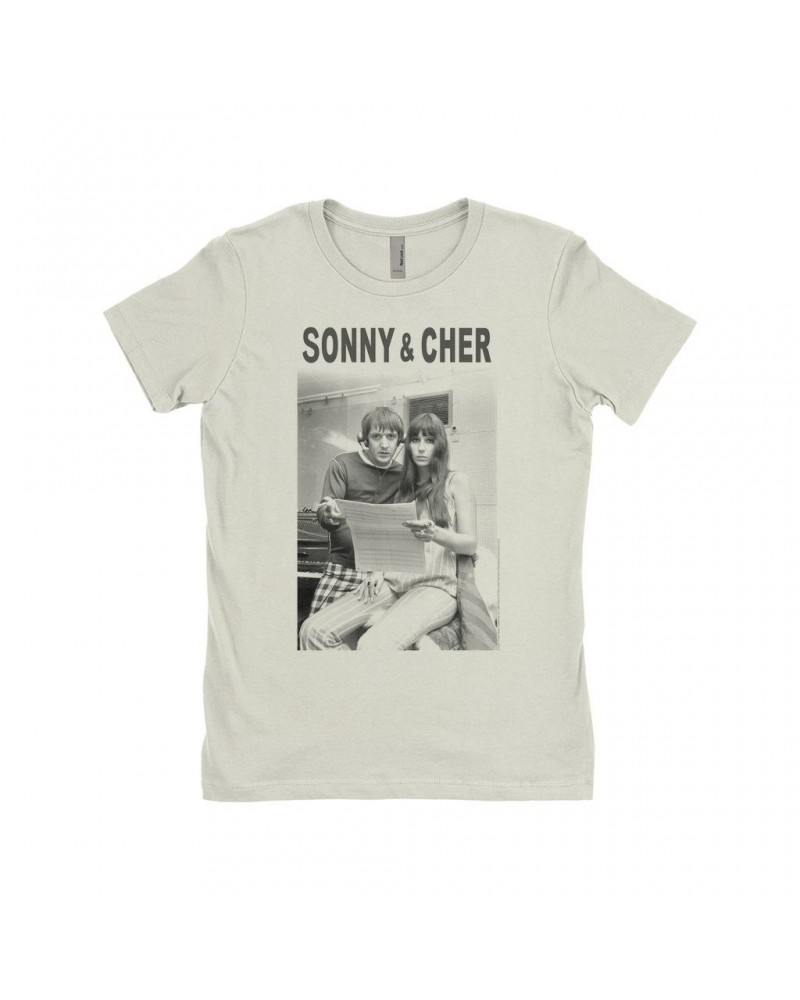 Sonny & Cher Ladies' Boyfriend T-Shirt | 1966 Recording Studio Photo And Logo Shirt $6.43 Shirts