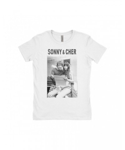 Sonny & Cher Ladies' Boyfriend T-Shirt | 1966 Recording Studio Photo And Logo Shirt $6.43 Shirts