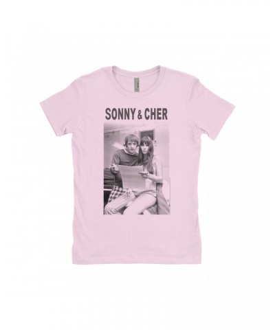 Sonny & Cher Ladies' Boyfriend T-Shirt | 1966 Recording Studio Photo And Logo Shirt $6.43 Shirts