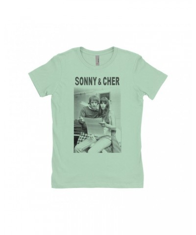 Sonny & Cher Ladies' Boyfriend T-Shirt | 1966 Recording Studio Photo And Logo Shirt $6.43 Shirts